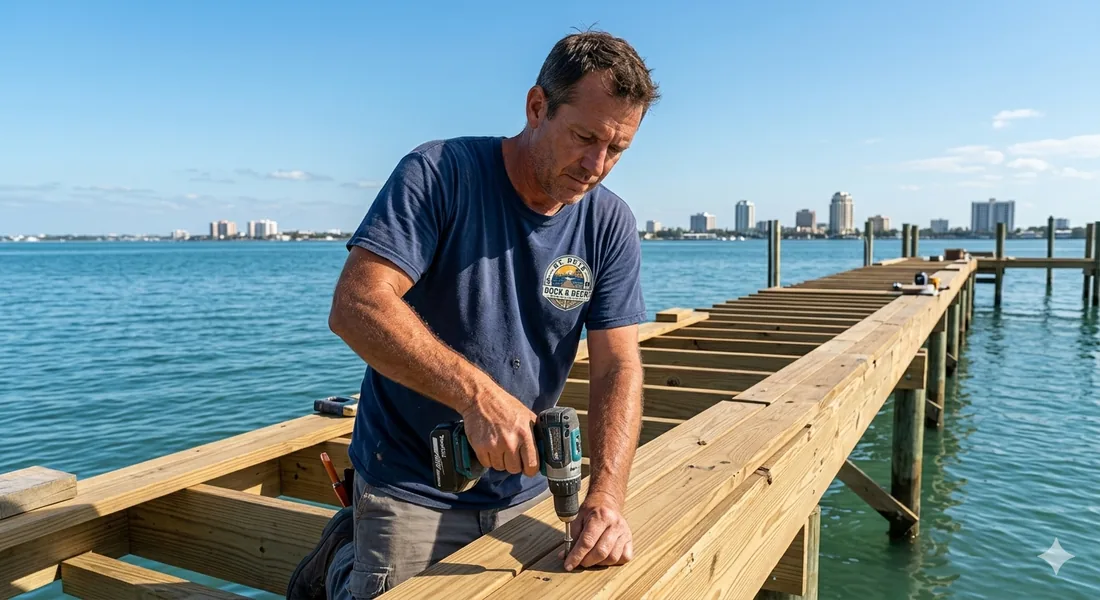 St. Pete Dock & Deck builder fastening fresh decking boards on a waterfront dock
