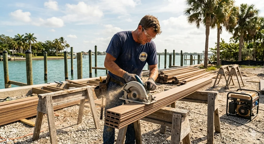 St. Pete Dock & Deck carpenter cutting deck boards on site