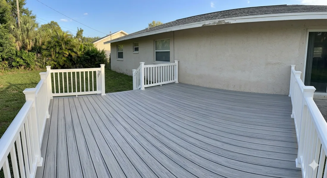 Finished composite deck with railing in St. Petersburg