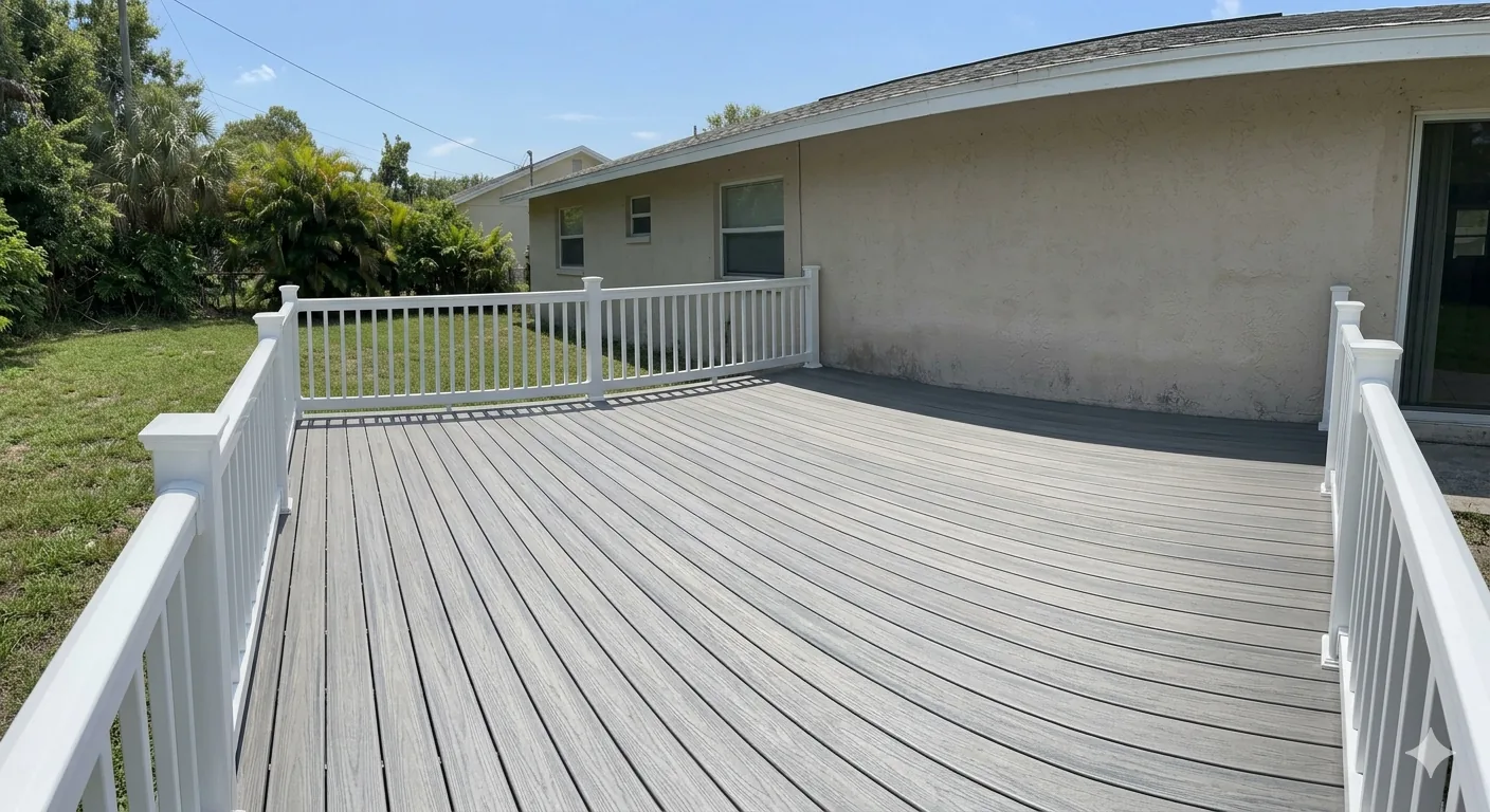Freshly built backyard deck with white railing