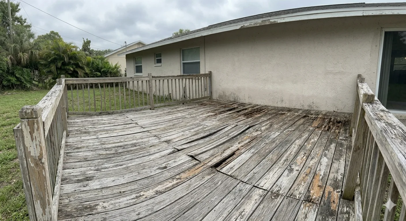 Weathered wood deck with worn railing and gray boards before rebuild
