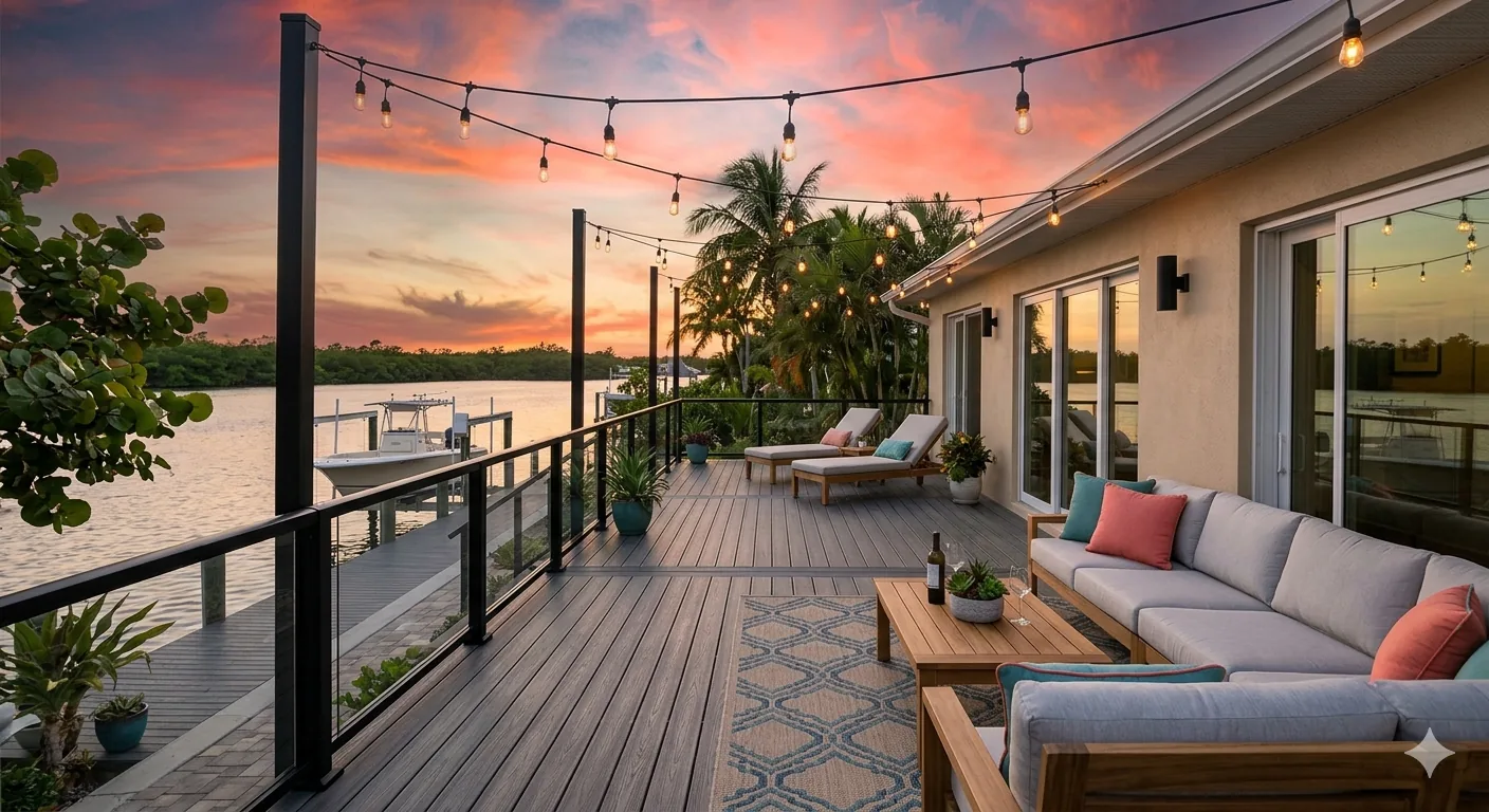 Composite waterfront deck with string lights at sunset