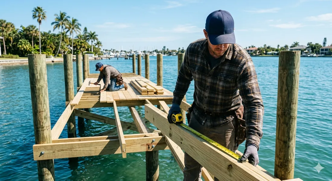 St. Pete Dock & Deck crew rebuilding a dock frame on the water