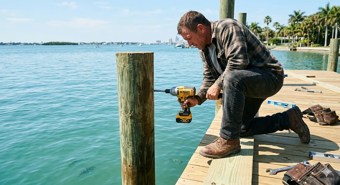 Installer setting a dock piling for a boat lift in Tampa Bay