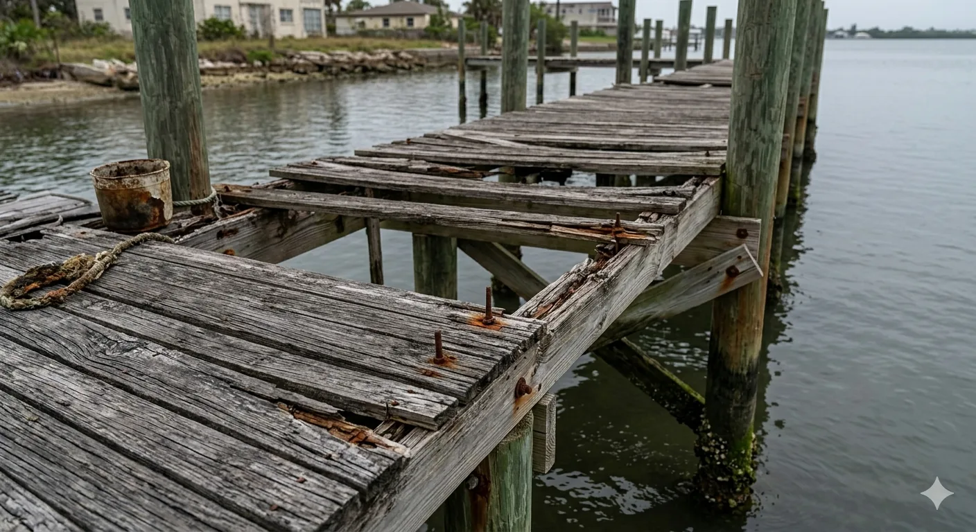 Old waterfront dock with collapsed pilings and rotted decking before repair