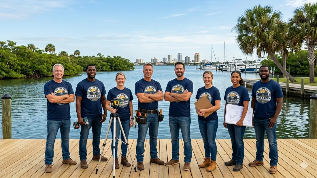The full St. Pete Dock & Deck crew standing together on a finished waterfront dock