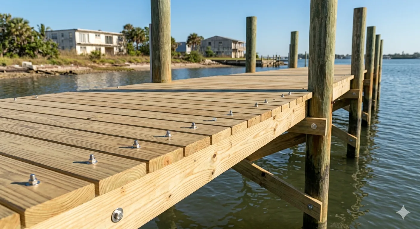 New wood dock built over Tampa Bay by St. Pete Dock & Deck