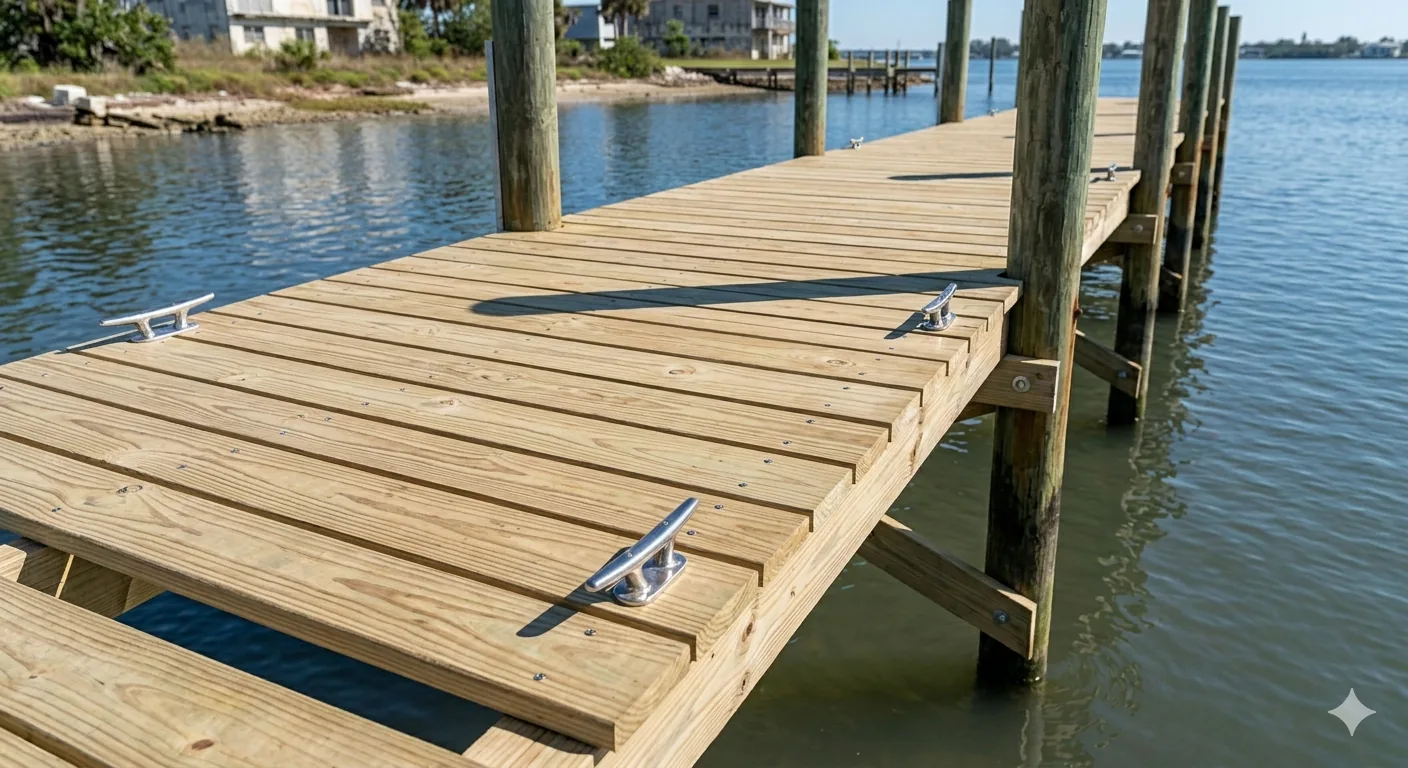 Newly built wood dock by St. Pete Dock & Deck stretching over calm Tampa Bay water