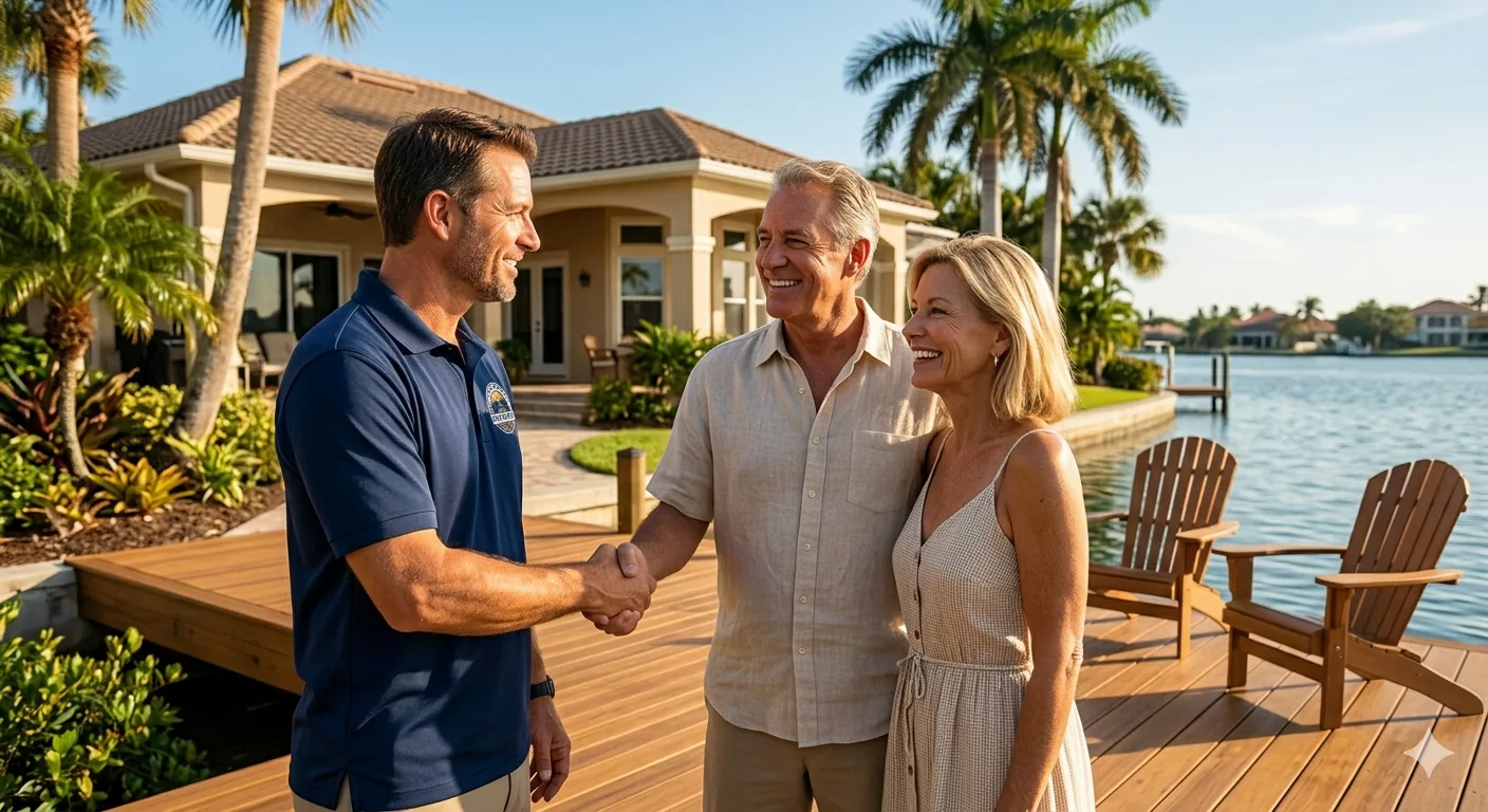 St. Pete Dock & Deck owner shaking hands with happy homeowners beside a new waterfront deck